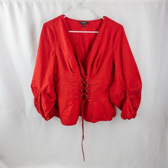 Express Red Lace Up Puff Sleeve Blouse Womens Large - Picture 1 of 16
